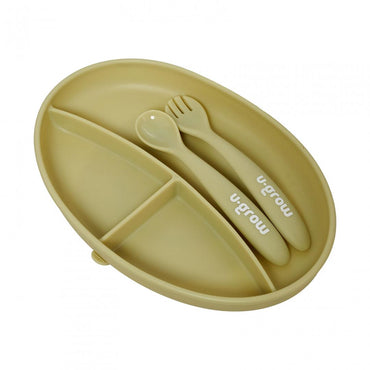Set farfurie cu lingurita si furculita silicon, olive,U-Grow