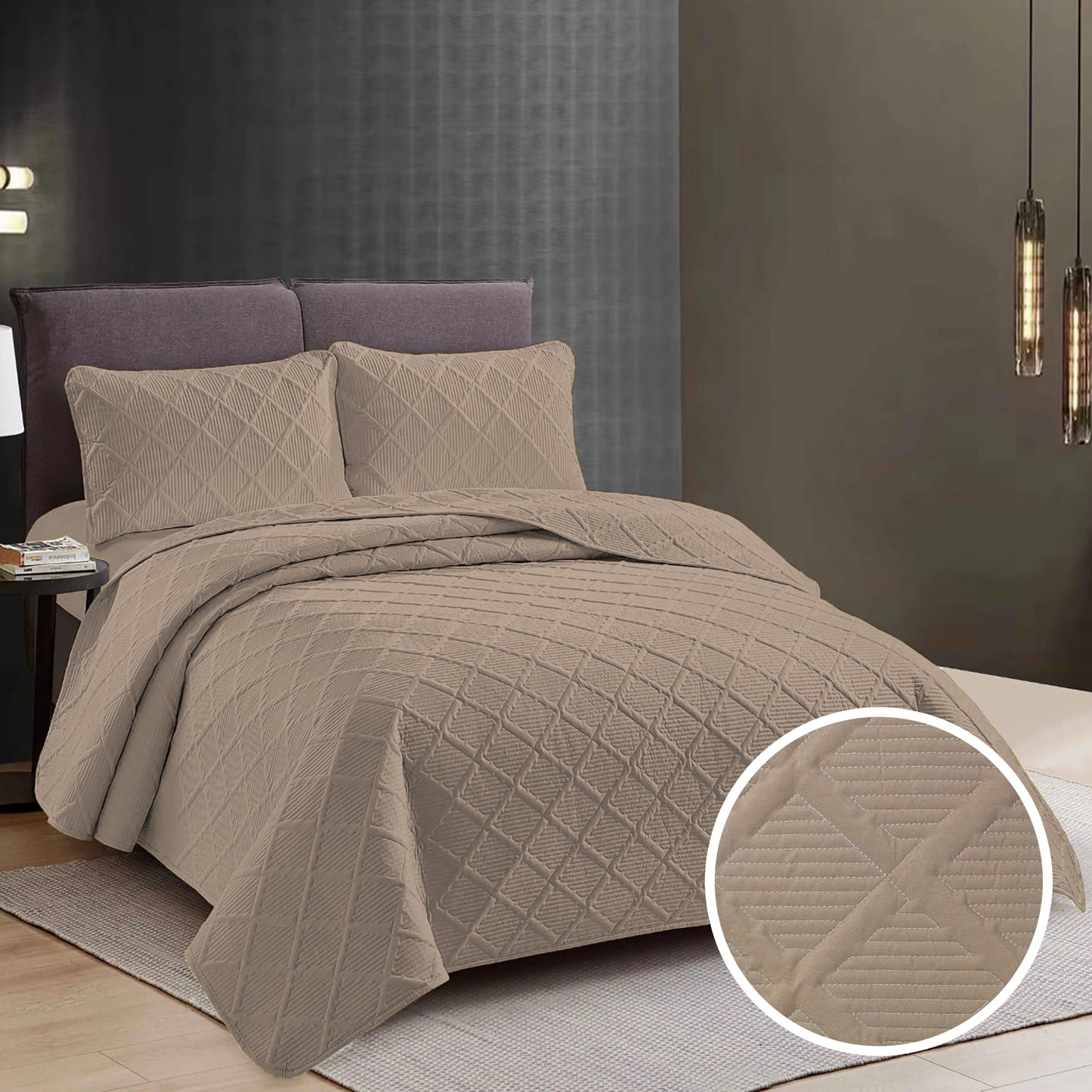 CUVERTURĂ PAT UNI + 2 FEȚE DE PERNĂ - CACAO CU LAPTE