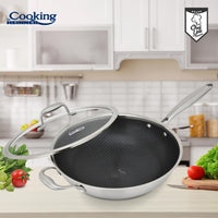 TIGAIE WOK INOX + CAPAC STICLA 30x8.5 CM, 4.5L, TITANIUM3, COOKING BY HEINNER
